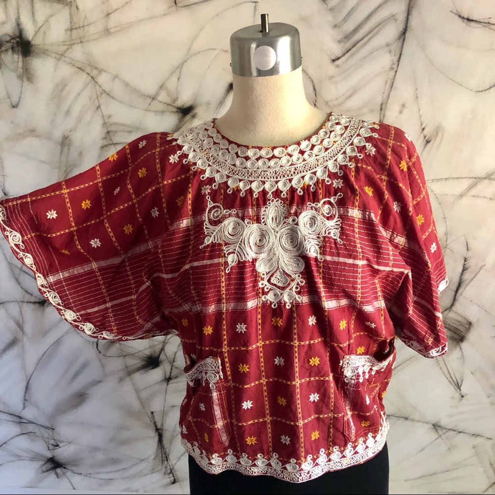 Fitted Flutter Sleeve Vintage Red Embroidered Top